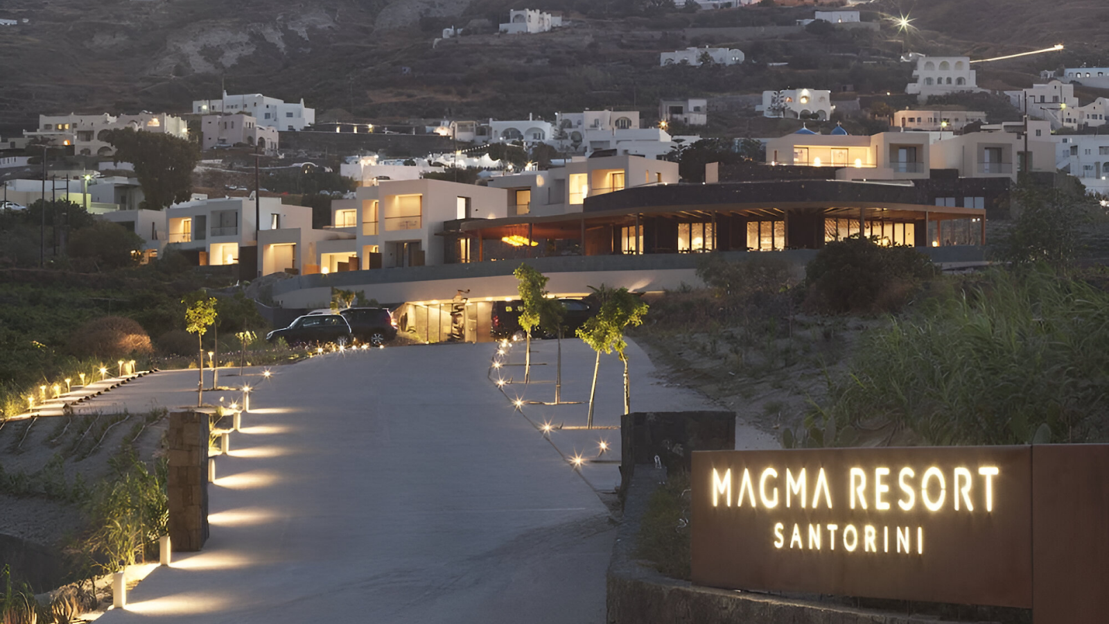 The driveway of a resort rental in Santorini.