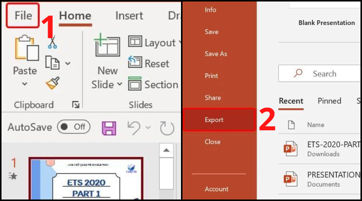 Mở Powerpoint và chọn Export
