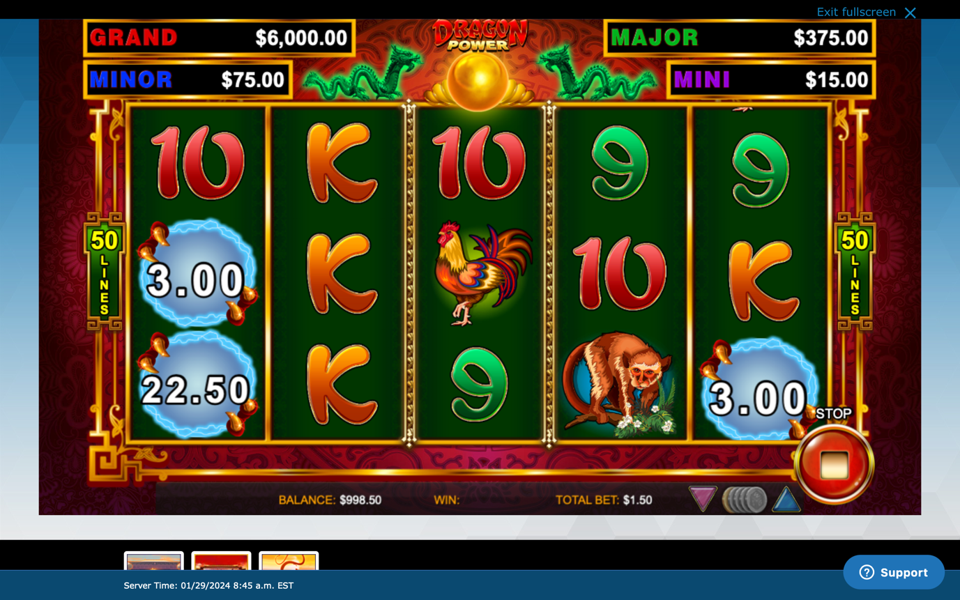 A screen shot of a resorts casino online year of the dragon slot game , dragon power with a red background and a 6x3 grid with symbols of koi fishes, letters and monkeys.