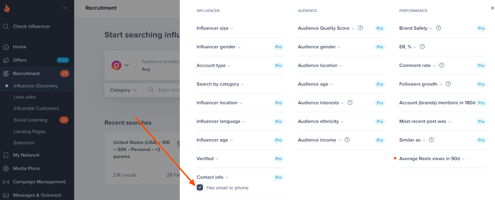 Contact info filter in the Influencer Discovery tool