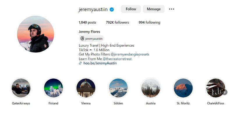 Instagram profile of luxury travel photographer Jeremy Austiin. 