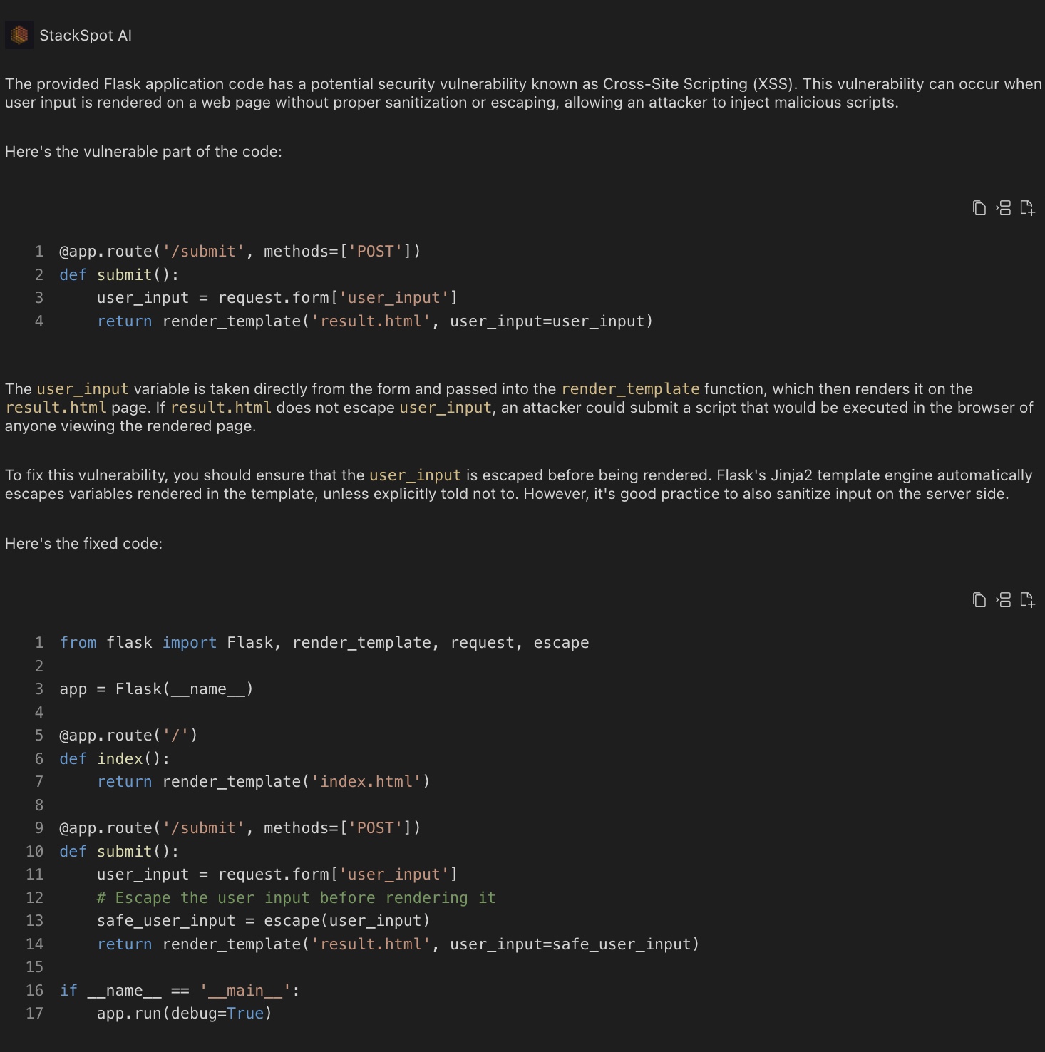 Imagem do artigo sobre vulnerabilidades de aplicação com a StackSpot AI detectou a vulnerabilidade de Cross-Site Scripting (XSS) e corrigiu o código realizando o escape da variável user_input. 