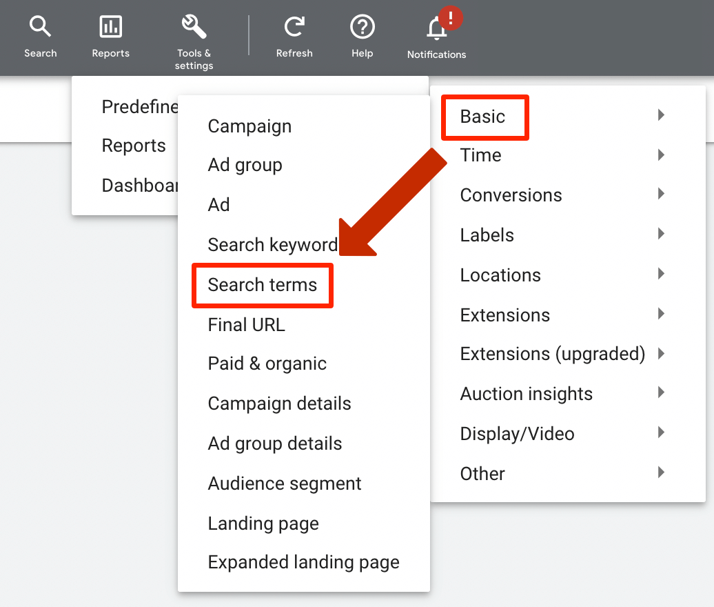 How to pull up your search terms report in Google Ads