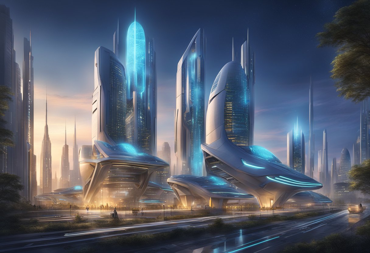 A futuristic cityscape with glowing dantu implants integrated into buildings and infrastructure