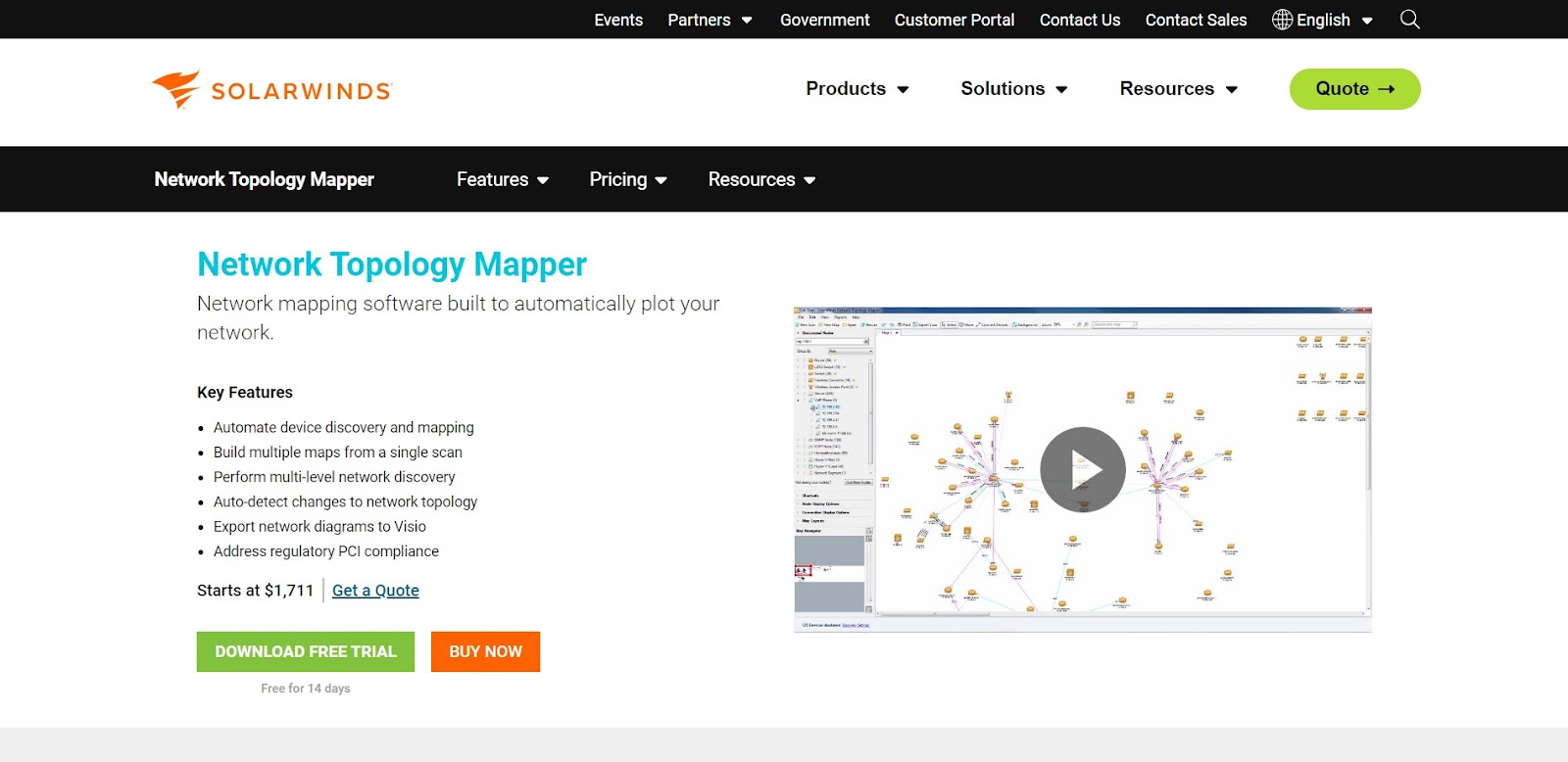 A screenshot of SolarWinds Network Topology Mapper's website