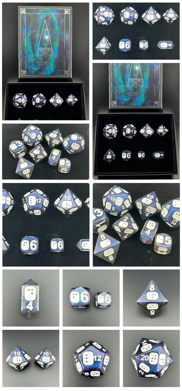 A collage/collection of images of the Galaxy Dice Set depicting and highlighting the galactic resin color, white acrylic paint, foil box, and felt-lined rolling tray. 