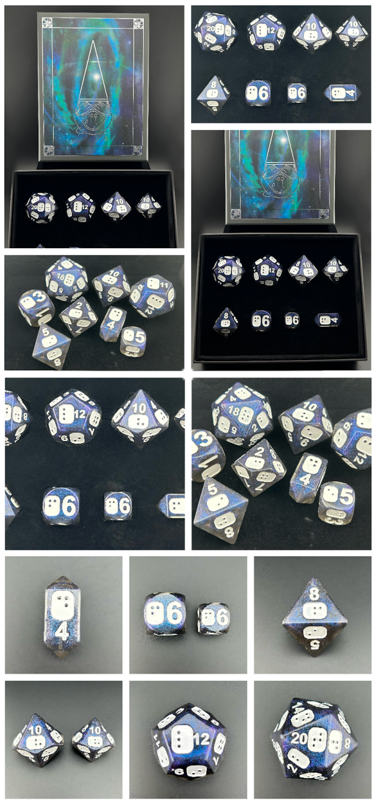 A collage/collection of images of the Galaxy Dice Set depicting and highlighting the galactic resin color, white acrylic paint, foil box, and felt-lined rolling tray.