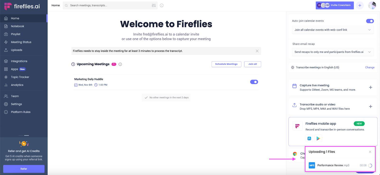 Creating SRT files using Fireflies software: Upload a video or audio file