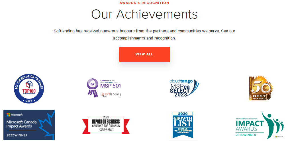 screenshot showing a grid of logos for Softlanding's many industry awards 