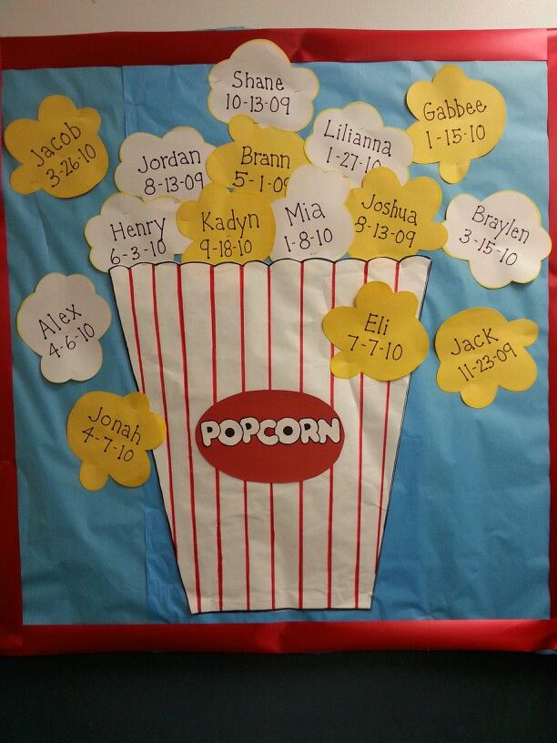 a bulletin board with popcorn written on it