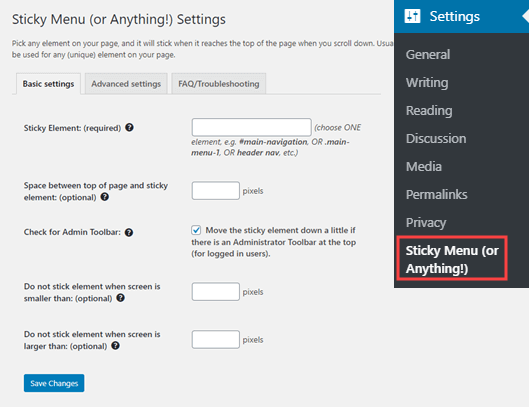 Settings of Sticky Menu & Sticky Header plugin