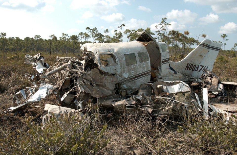 A crashed airplane in a field

Description automatically generated