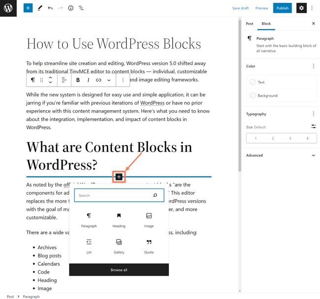 What are wordpress blocks, Plus icon in post clicked to open a smaller block inserter interface