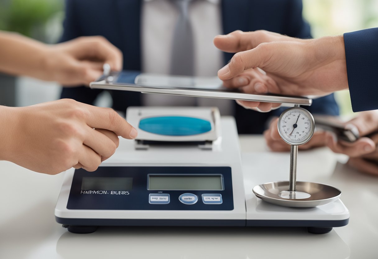 A homeowner weighing a scale with a realtor on one side and Harmony Home Buyers on the other, symbolizing the cost of selling with each option