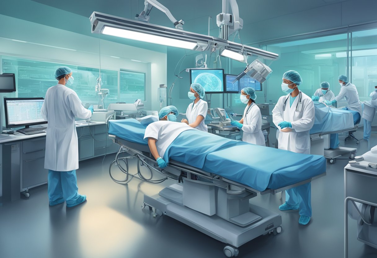 A medical team performing a high-risk procedure with intense focus and precision. Instruments and monitors fill the room, creating a tense atmosphere