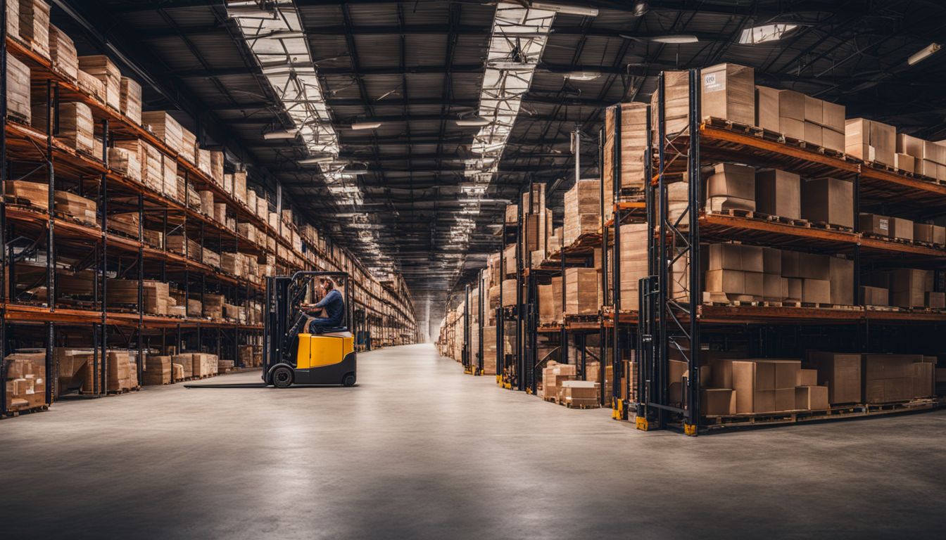 An empty warehouse to let with shelves and forklifts in a bustling atmosphere.