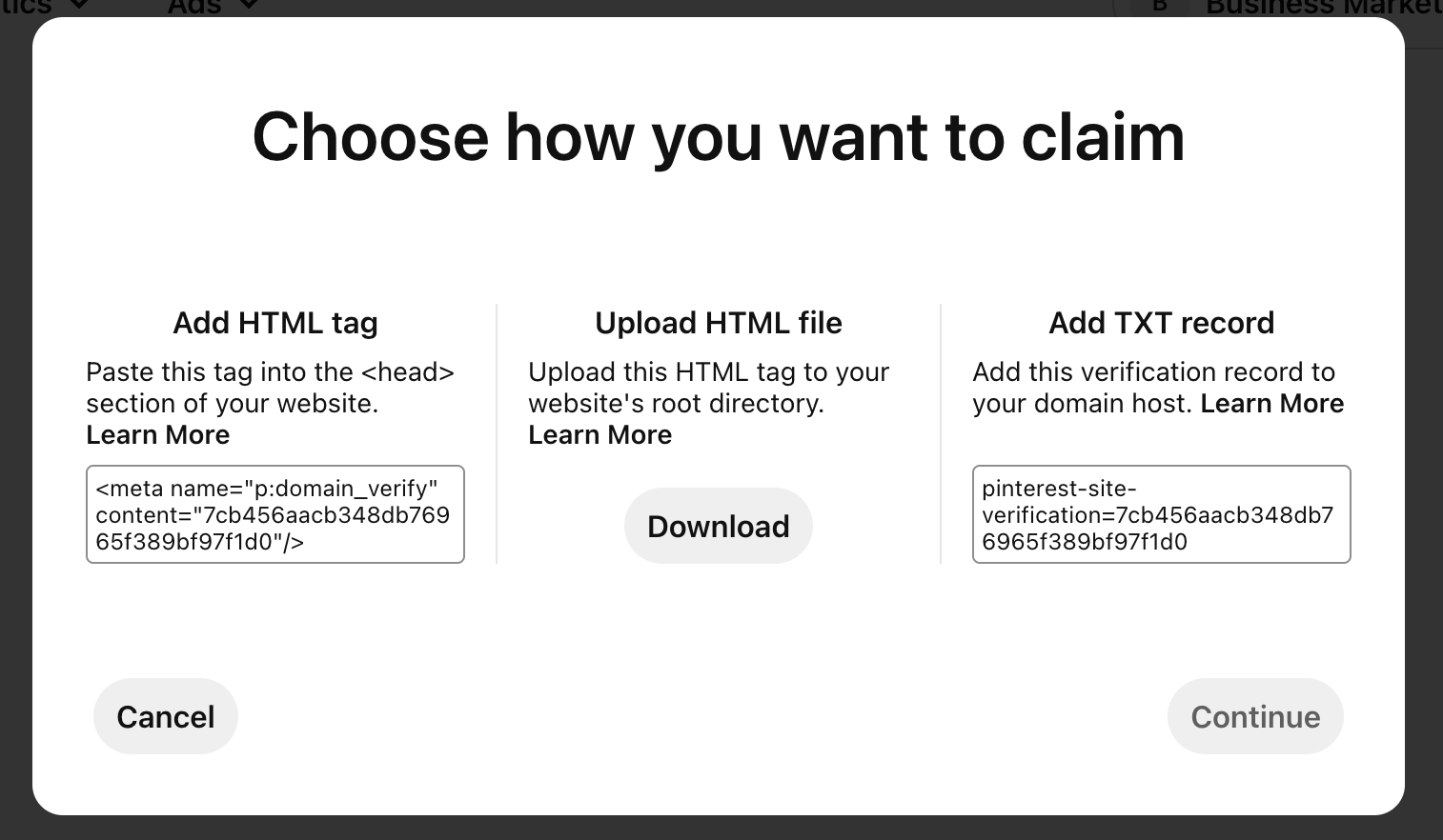 how to confirm your website on pinterest, choose how to claim your site, with html tag, upload html file, or add TXT record.