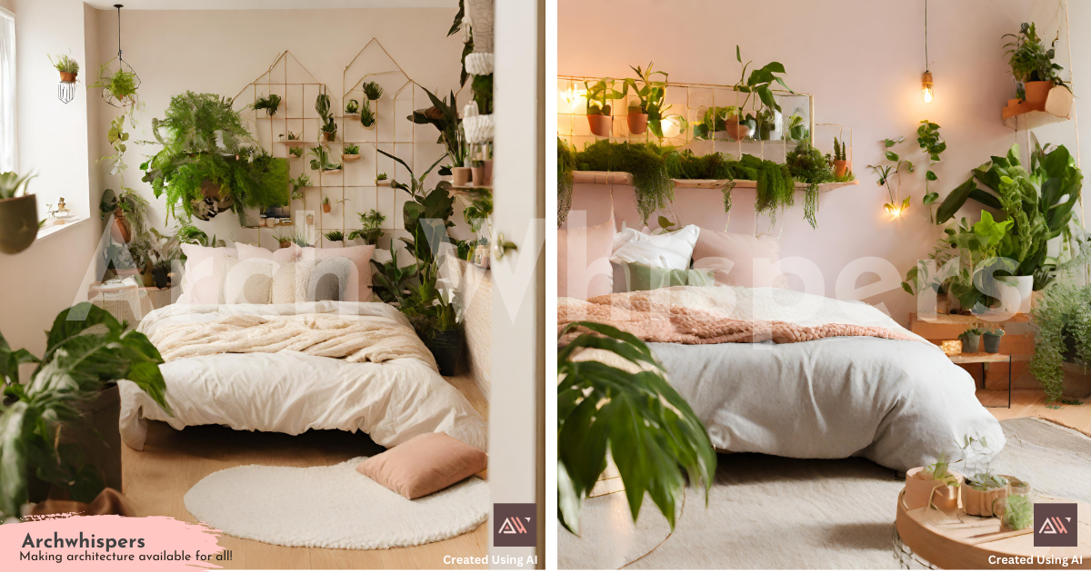 Stylish Bedroom Adorned With Potted Plants & Trellis