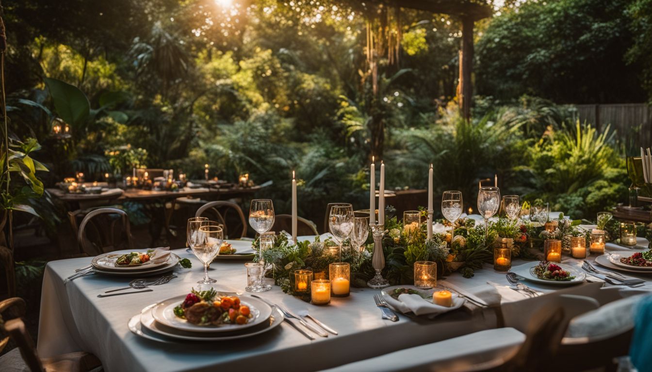 A beautifully set dinner table in lush garden with bustling atmosphere.