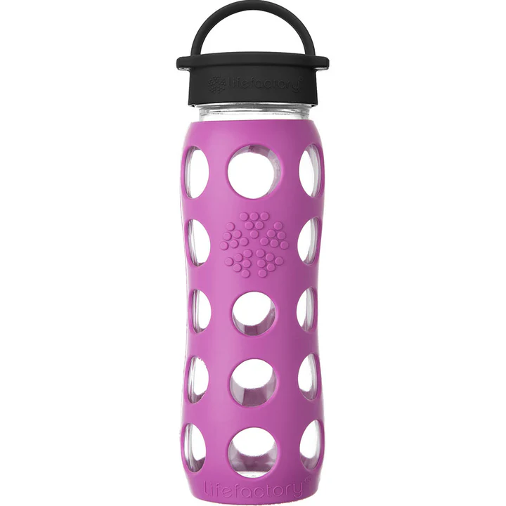 life factory glass water bottle with purple silocone sleeve