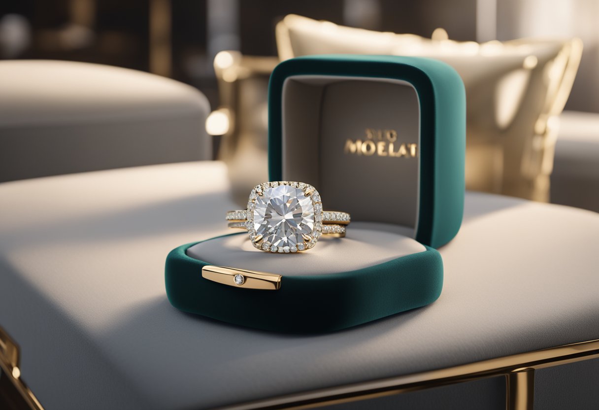 A sparkling moissanite ring displayed on a luxurious velvet cushion, with elegant jewelry boxes and a polished display case in the background