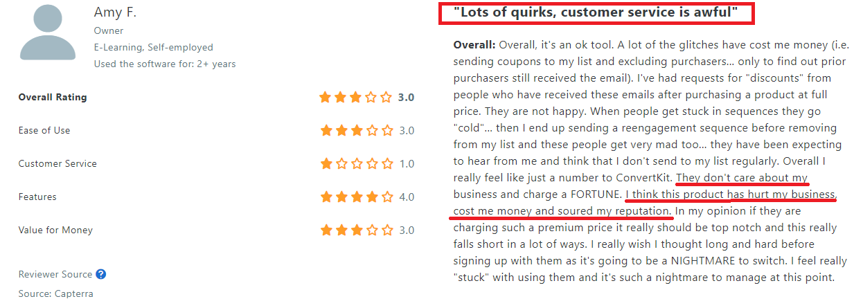 4. ConvertKit review from customer. Source: Capterra.