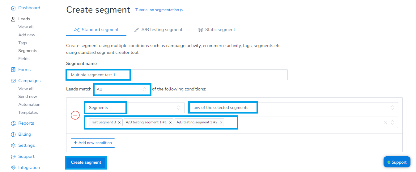 Multiple segment creation in MailBluster