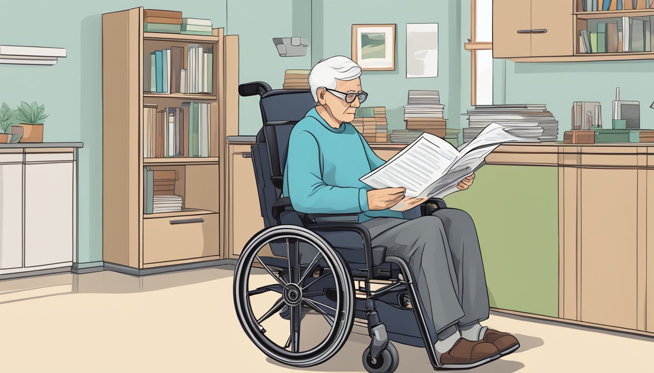 An elderly person using an electric wheelchair while reading a FAQ booklet