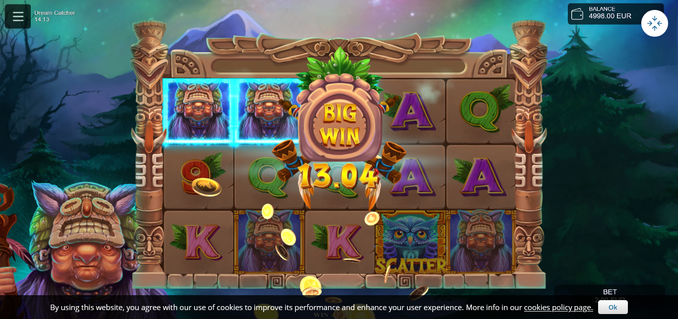 Online slot game called Dream Catcher, a theme of waterfalls, mountains, forests and native American village.
