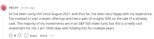 A happy Vint investor on Reddit says they've invested in over a dozen offerings, have been happy with their performance, and plan to hold for several years. 