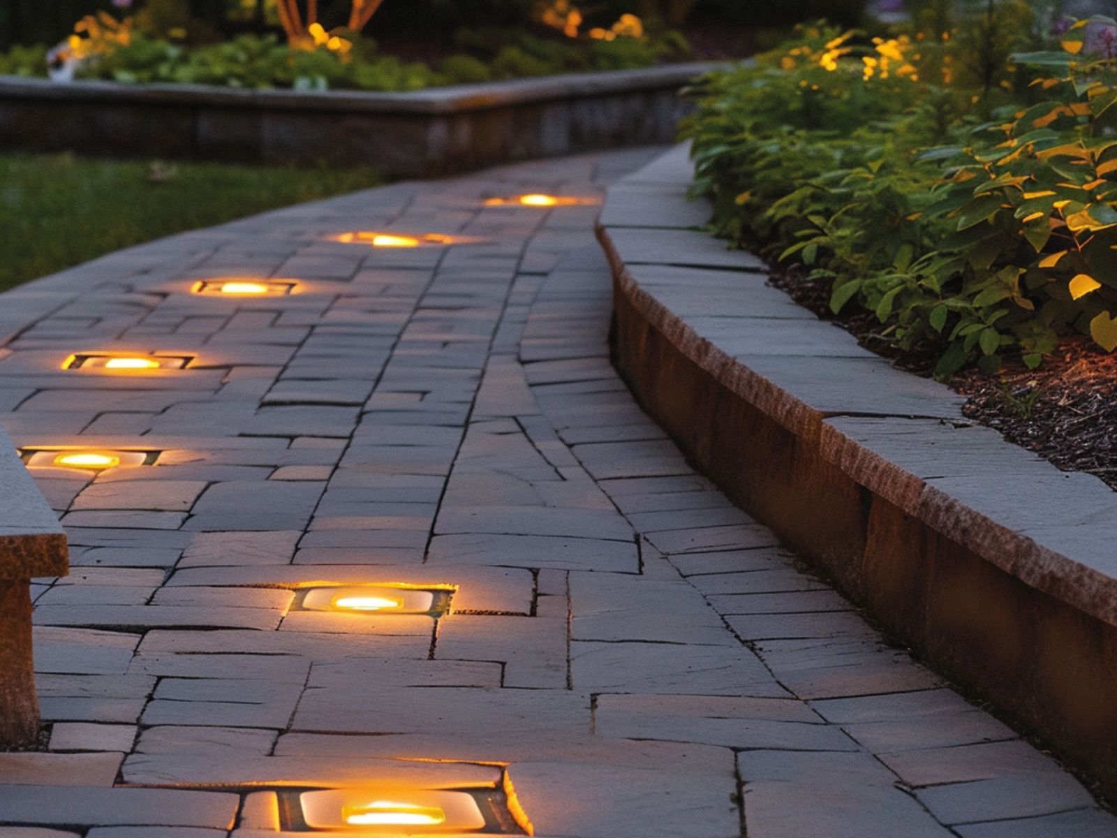 A garden pathway decorated with in-ground paver lights