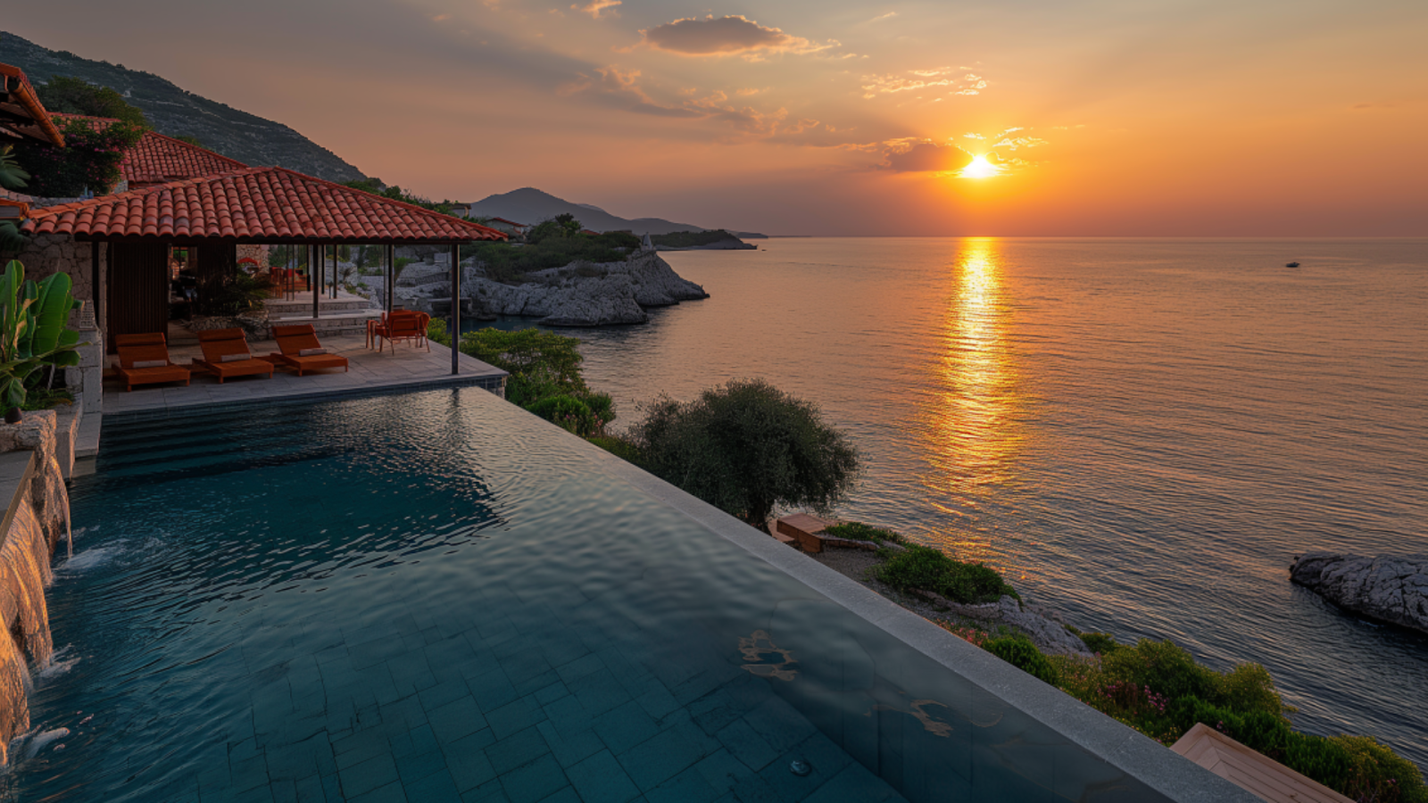 Sunset view from a luxurious villa on Vis, overlooking the tranquil Adriatic Sea.