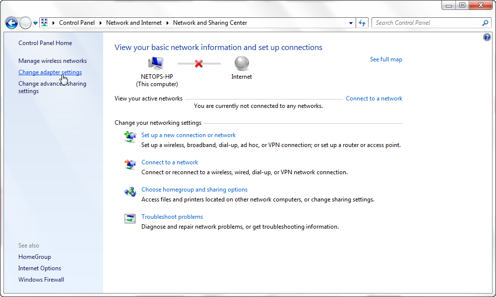Screenshot of change adapter settings window