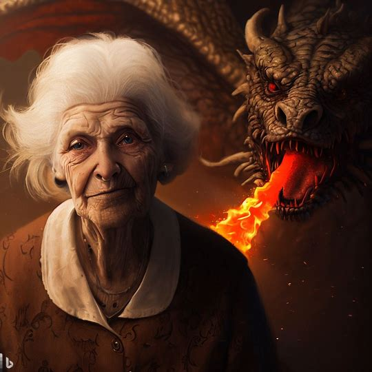 An elderly woman starting intently with a fire-breathing black dragon behind her. 