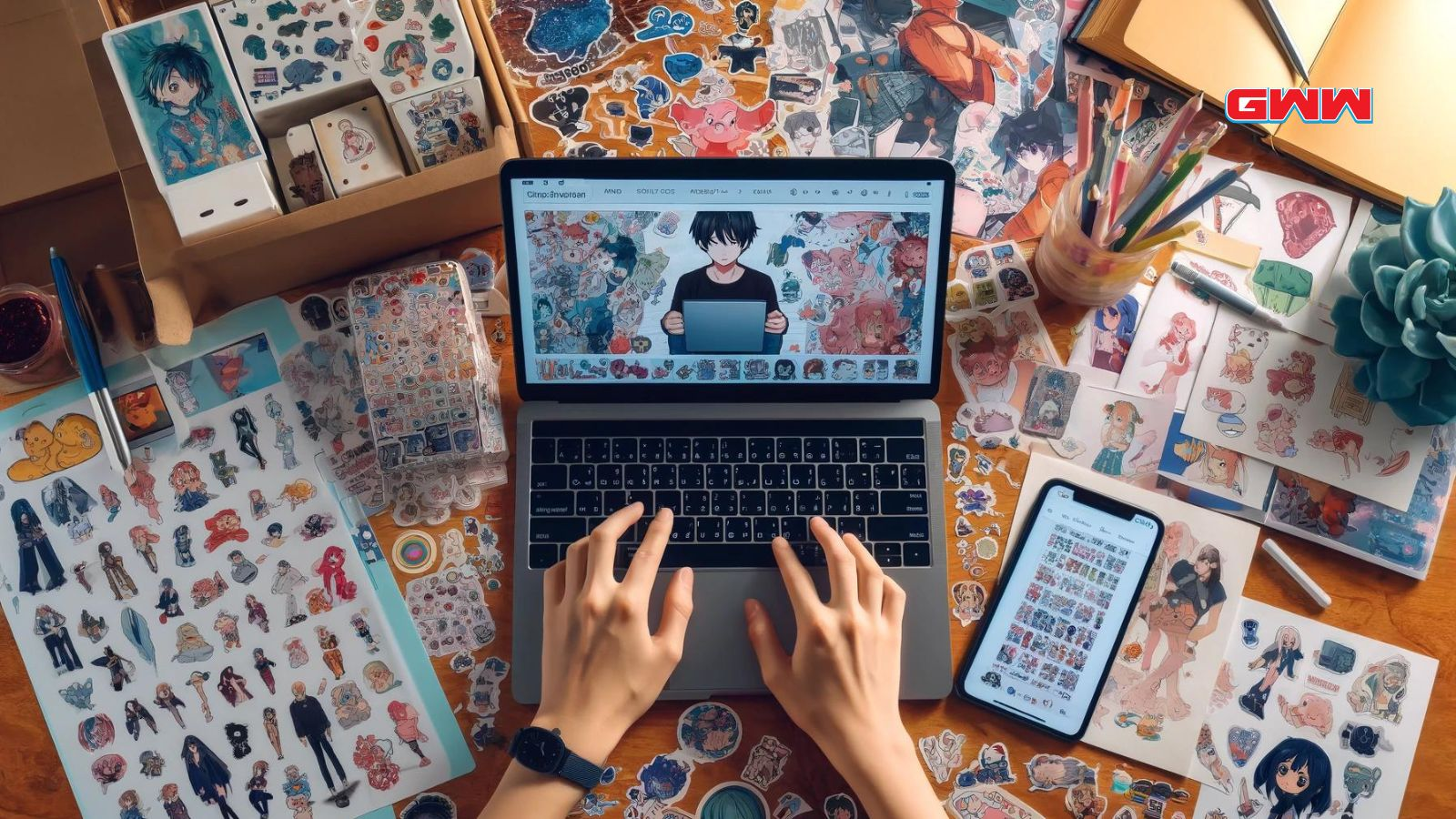 Hands typing on a laptop, surrounded by anime stickers and drawing tools