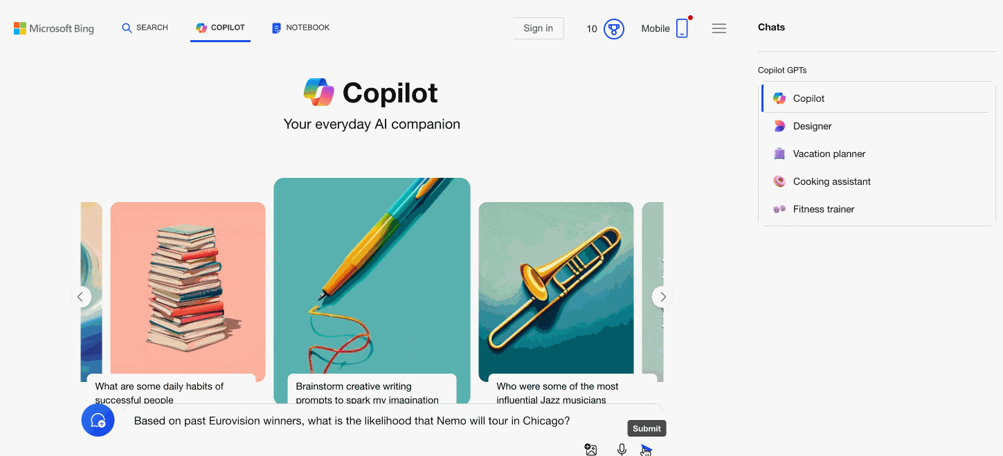 GIF of asking Copilot, “Based on past Eurovision winners, what is the likelihood that Nemo will come to Chicago?”