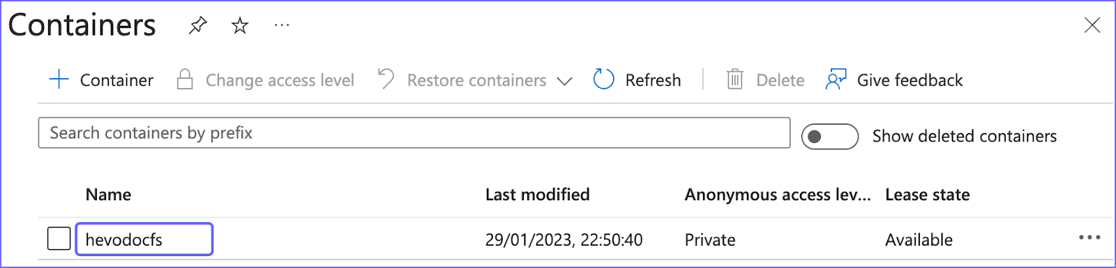 Azure Blob Storage to Snowflake: Configuring values in the Containers tab.
