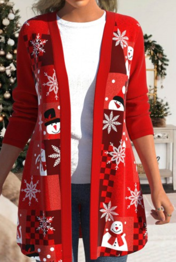 Red Patchwork Christmas Snowman Print Long Sleeve Coat