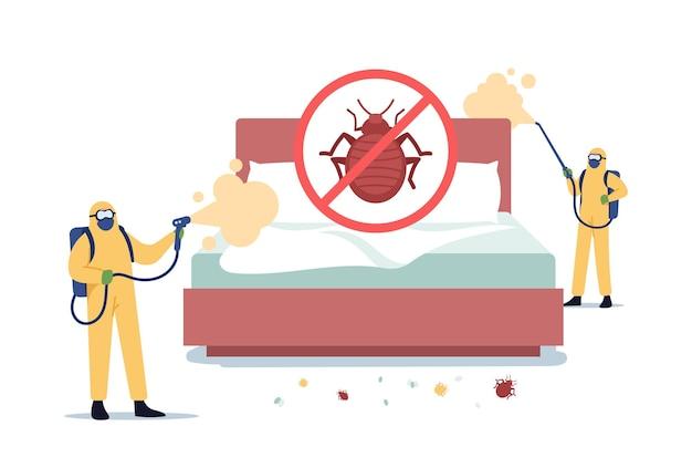 Vector bedbugs extermination professional service. pest control doing room disinsection against bed bugs. exterminators characters in hazmat suits spraying toxic liquid. cartoon people vector illustration