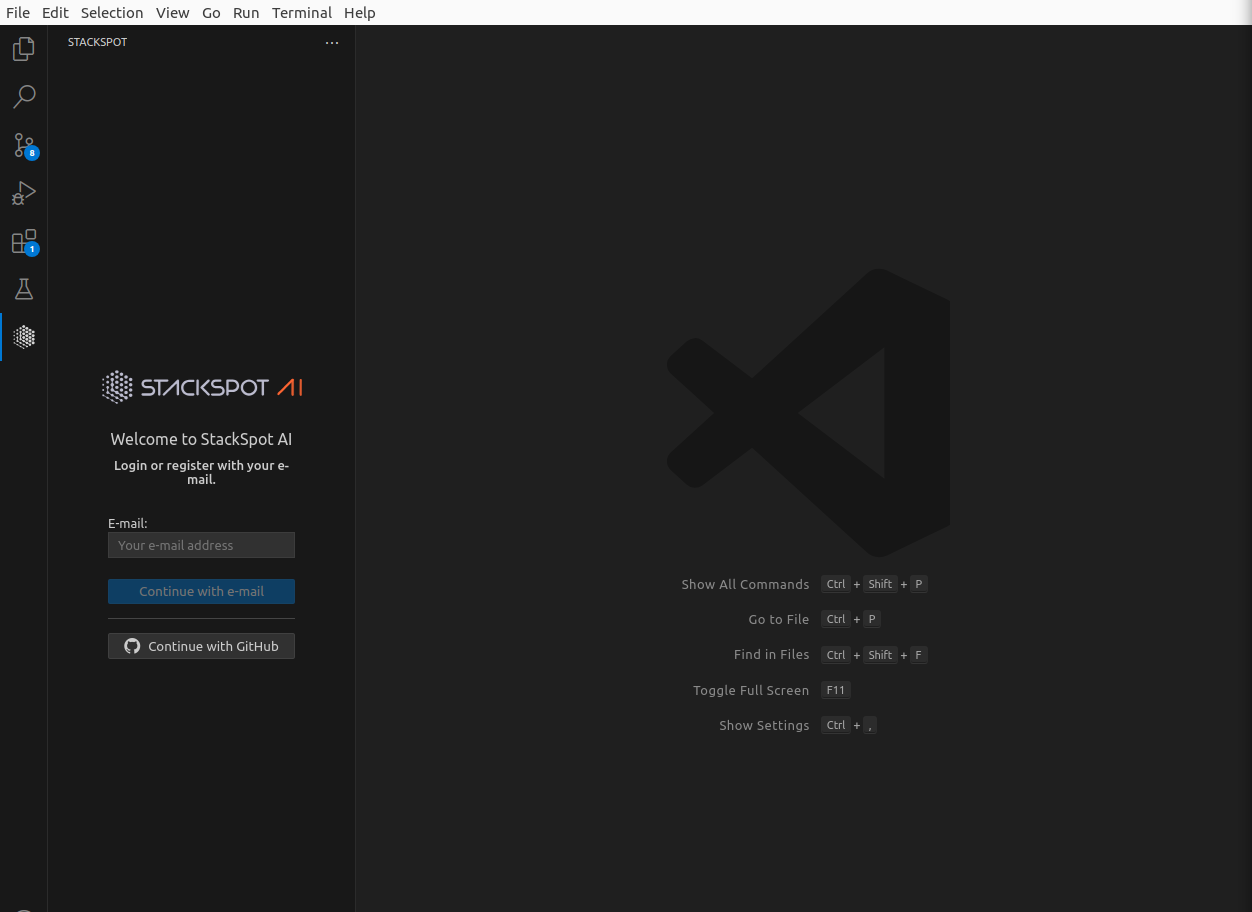 Visual Studio Code IDE screen, with the StackSpot AI plugin installed and displaying the StackSpot AI login area within the IDE.