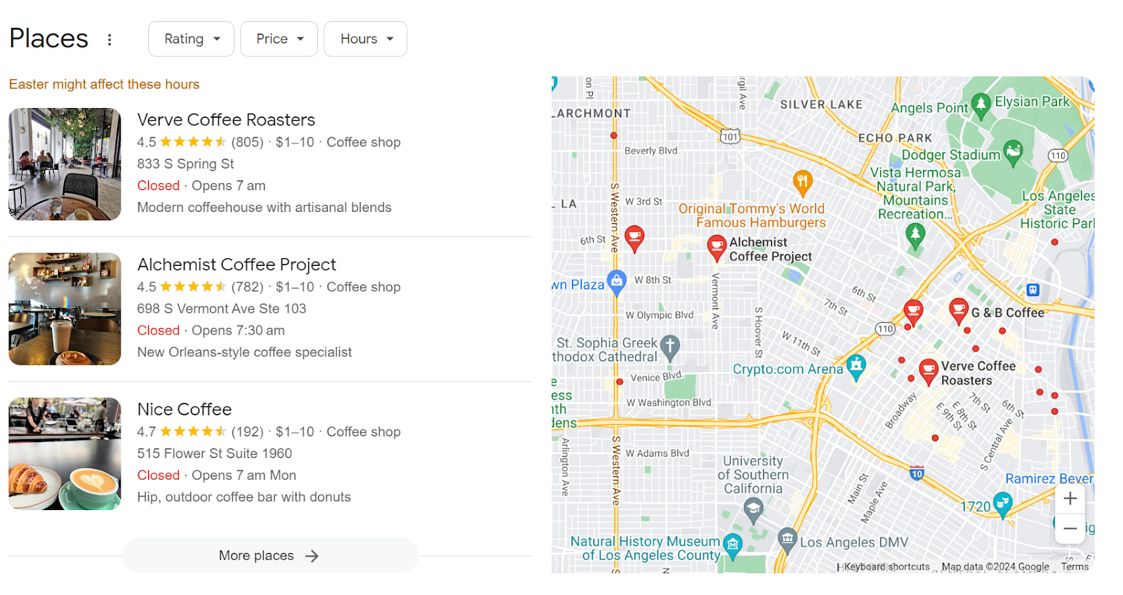 Search result for the query, “coffee shops in LA.”