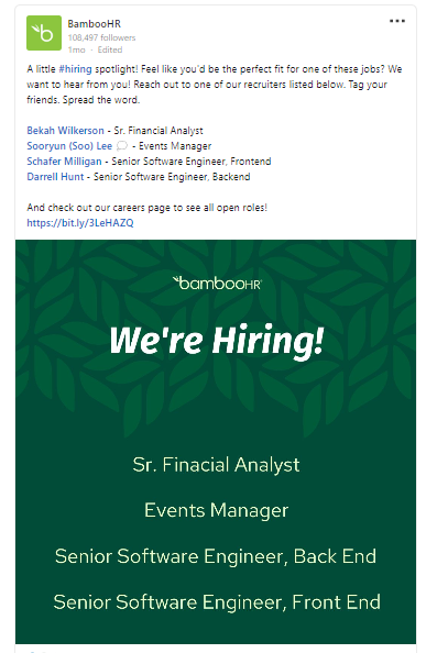 Another example of BambooHR posting job openings on social media. 