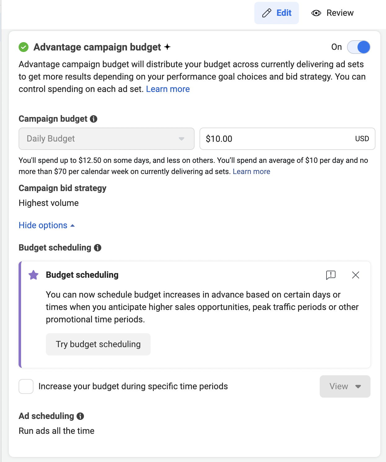 Campaign budget section on Meta Business Suite