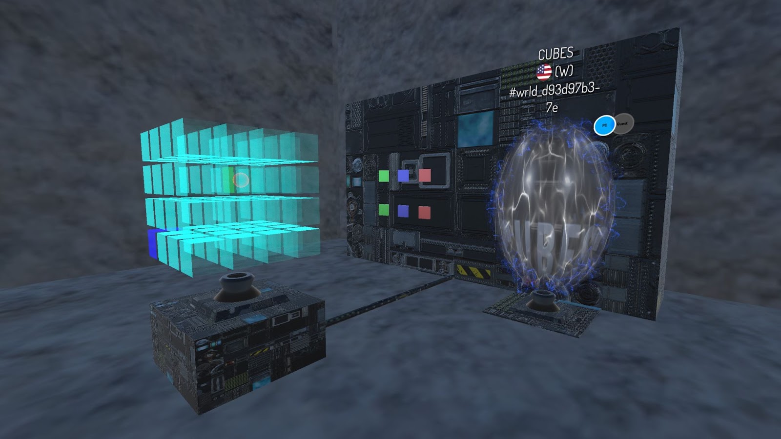A model of the VRChat world CUBES being modeled inside of another world called The Silver Stronghold 2.0