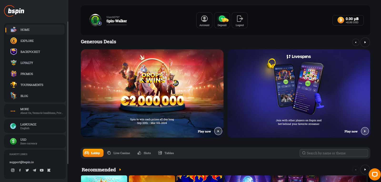 Bspin focuses on Livespins and promotional deals on its main page