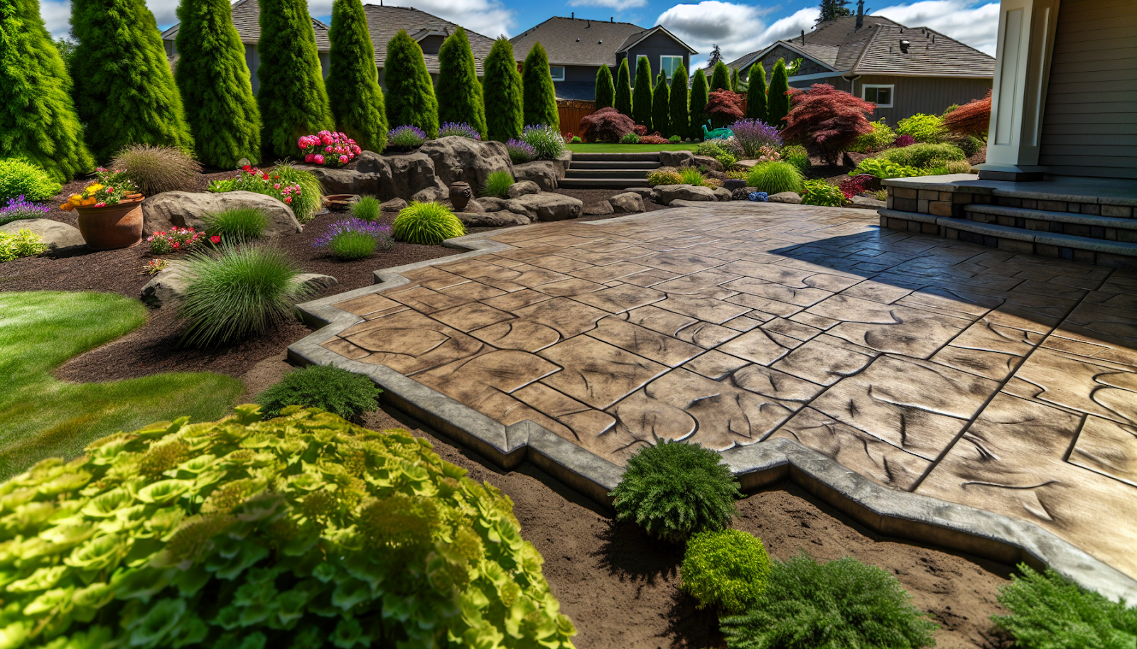 Stamped concrete patio in a beautifully landscaped backyard, illustrating the aesthetic appeal and design versatility of stamped concrete.