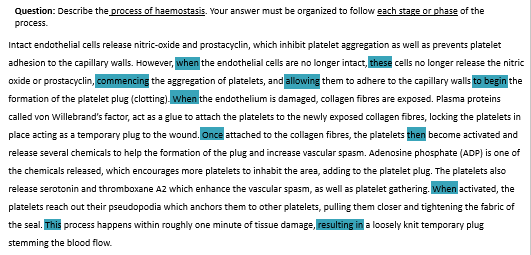 Text annotated to highlight linking words in description of process