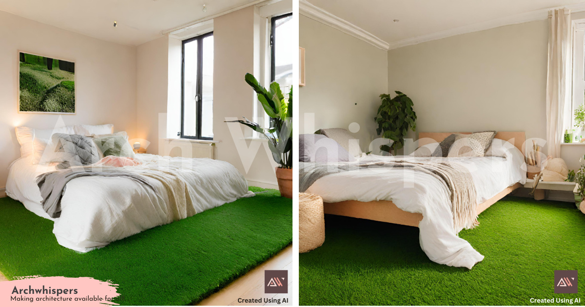 A Green Carpeted Bedroom With Artificial Turf Rug