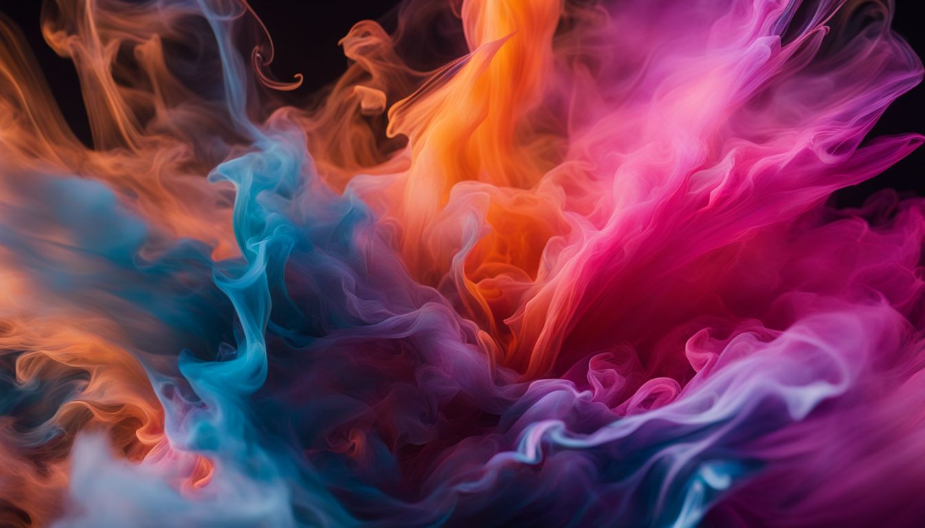 Colorful smoke swirling around an abstract glass shatter with different faces.