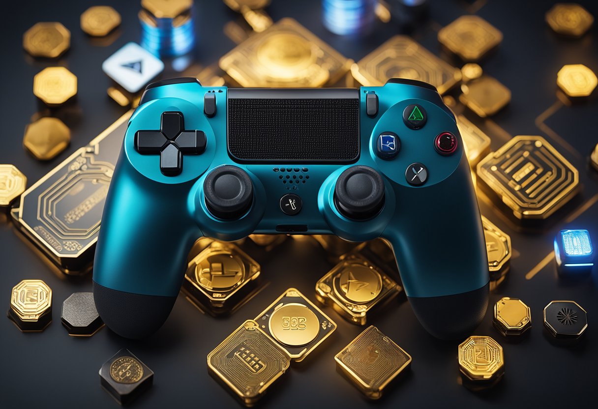 A futuristic gaming console connects to various platforms, displaying the top 9 crypto miner games for 2024
